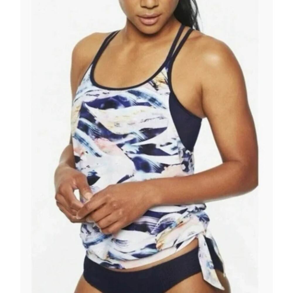 Athleta Size S Navy Multi Vivid Side Tie Swim Tank Top Tankini Beach Cruise